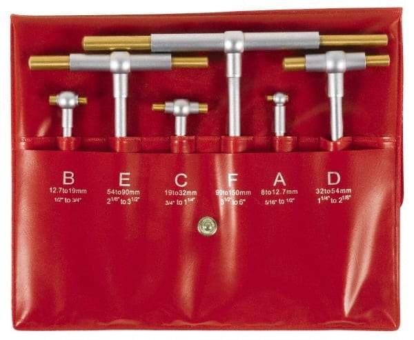 SPI - 6 Piece, 5/16 to 6 Inch, Hardened Tool Steel, Satin Chrome Finish, TiN Coated Working Faces, Telescoping Gage Set - 4 and 5 Inch Long Handles, Includes Vinyl Pouch - Exact Tool & Supply