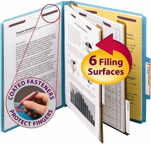 SMEAD - 8-1/2 x 11", Letter Size, Blue, Classification Folders with Top Tab Fastener - 2/5 Tab Cut Location - Exact Tool & Supply
