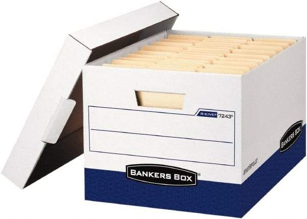 BANKERS BOX - 1 Compartment, 12 Inch Wide x 15 Inch Deep x 10 Inch High, File Storage Box - Paper, White and Blue - Exact Tool & Supply
