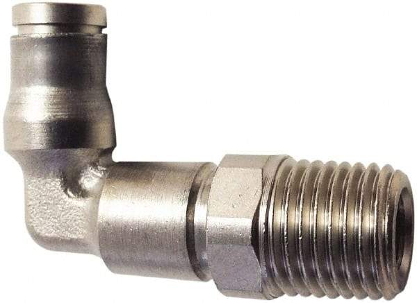Legris - 4mm Outside Diam, 1/8 BSPT, Nickel Plated Brass Push-to-Connect Tube Extended Male Elbow - 435 Max psi, Tube to Male BSPT Connection, FKM O-Ring - Exact Tool & Supply