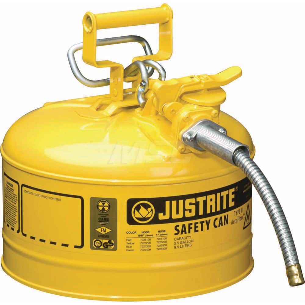 Justrite - Safety Dispensing Cans; Capacity: 2.5 Gal ; Material: Steel ; Color: Yellow ; Height (Decimal Inch): 12.000000 ; Diameter/Length (mm): 11.75 ; Approval Listing/Regulations: FM Approved; UL; ULC; TUV - Exact Tool & Supply