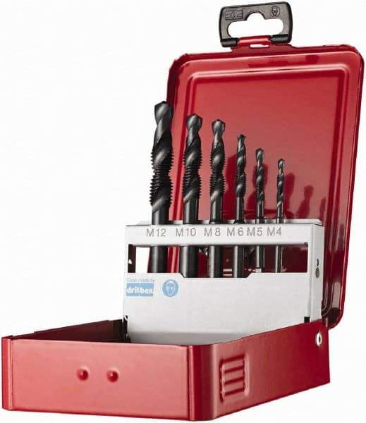 DORMER - M4x0.70 to M12x1.75 Metric Coarse, High Speed Steel Combination Drill and Tap Set - 2 Flutes, 6 Piece Set - Exact Tool & Supply