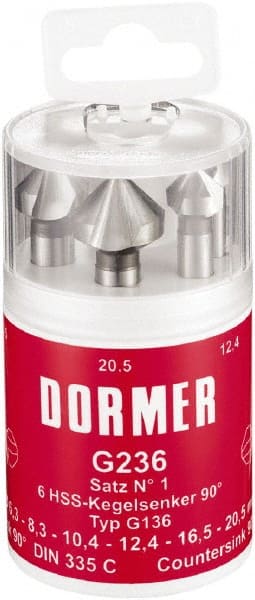 DORMER - 6 Piece, 1/4 to 0.8071" Head Diam, 90° Included Angle, Single End Countersink Set - Exact Tool & Supply