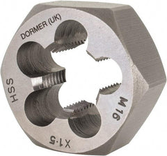 DORMER - M16x1.50 Metric Fine Thread, Right Hand Thread, Hex Rethreading Die - High Speed Steel, 5/8" Thick, Series F312 - Exact Tool & Supply