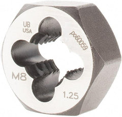 Union Butterfield - M8x1.25 Metric Coarse Thread, 11/16" Hex, Right Hand Thread, Hex Rethreading Die - Chromium Steel, 5/16" Thick, Series 2325M - Exact Tool & Supply