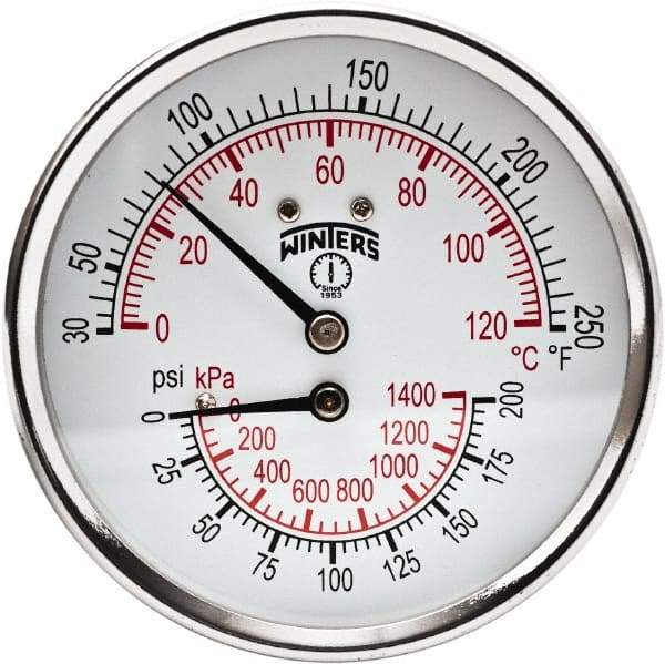 Winters - 3" Dial, 1/2 Thread, 0-200 Scale Range, Pressure Gauge - Center Back Connection Mount, Accurate to 0.03% of Scale - Exact Tool & Supply