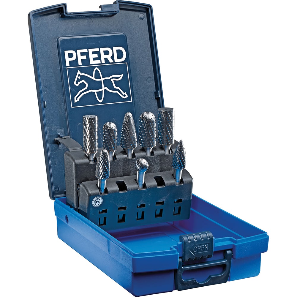 PFERD - 8 Pc Double Cut Burr Set with Cylinder, Cylinder w/Rad End, Ball, Tree w/Rad End, Tree w/Pointed End, Taper - Exact Tool & Supply