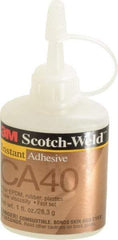 3M - 1 oz Bottle Yellow Instant Adhesive - Series CA40, 3 to 20 sec Fixture Time, 24 hr Full Cure Time, Bonds to Cardboard, Cork Board, Fabric, Fiberglass, Foam, Metal, Plastic, Rubber & Vinyl - Exact Tool & Supply