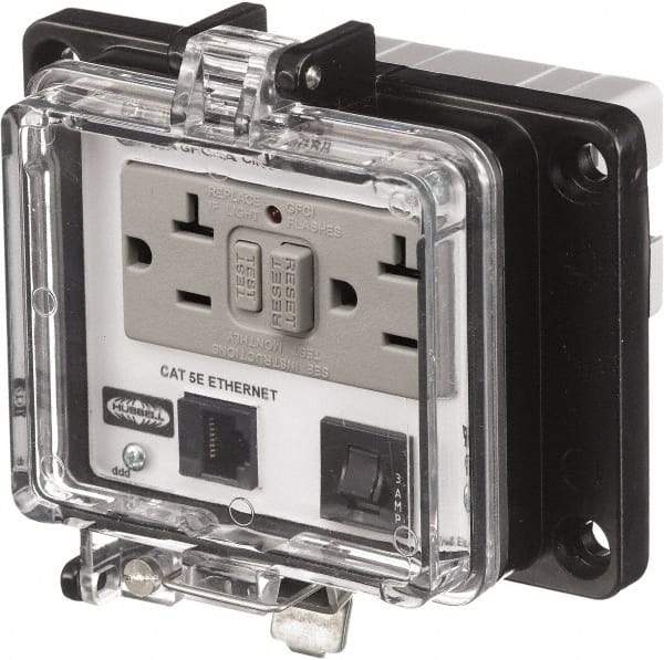 Hubbell Wiring Device-Kellems - 1 Port, 3 Power Receptacle, Ethernet, Clear Data Port Receptacle - 4.79 Inch Long x 1.61 Inch Deep x 5.08 Inch Wide, Aluminum, Surface Mount, Gray - Exact Tool & Supply
