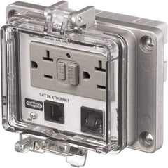 Hubbell Wiring Device-Kellems - 1 Port, 3 Power Receptacle, Ethernet, Clear Data Port Receptacle - 4.79 Inch Long x 1.61 Inch Deep x 5.08 Inch Wide, Aluminum, Surface Mount, Gray - Exact Tool & Supply