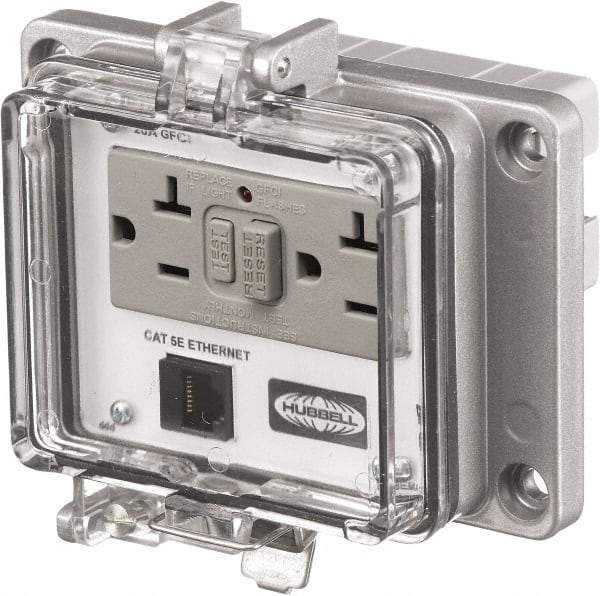 Hubbell Wiring Device-Kellems - 1 Port, 3 Power Receptacle, Ethernet, Clear Data Port Receptacle - 4.79 Inch Long x 1.61 Inch Deep x 5.08 Inch Wide, Aluminum, Surface Mount, Gray - Exact Tool & Supply