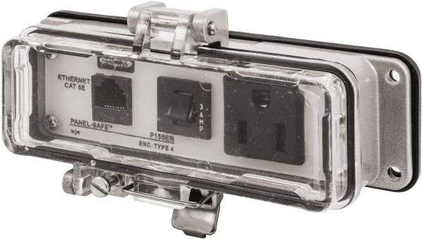 Hubbell Wiring Device-Kellems - 1 Port, 1 Power Receptacle, Ethernet, Clear Data Port Receptacle - 3.2 Inch Long x 1.6 Inch Deep x 5.51 Inch Wide, Aluminum, Surface Mount, Gray - Exact Tool & Supply