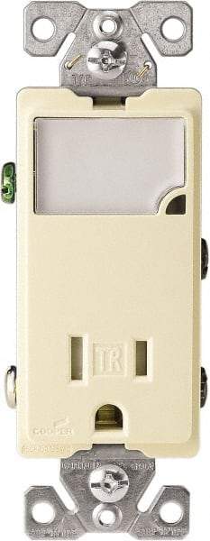 Cooper Wiring Devices - 2 Pole, 125 VAC, 15 Amp, 1 Outlet, Flush Mounted, Self Grounding, Tamper Resistant Combination Outlet with Night Light - 5-15R Configuration, Back Side Wiring, Thermoplastic Material, cULus Listed Standard - Exact Tool & Supply