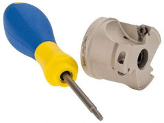 Iscar - 3 Inserts, 1-1/2" Cut Diam, 1/2" Arbor Diam, 0.315" Max Depth of Cut, Indexable Square-Shoulder Face Mill - 0/90° Lead Angle, 1.37" High, HM390 TPKT 1003 Insert Compatibility, Through Coolant, Series HeliIQMill - Exact Tool & Supply