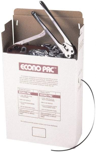 Value Collection - 7,200 Inch Long x 1/2 Inch Wide x 0.025 Inch Thick, Heavy Duty Polypropylene Strapping Kit - 500 Lbs Tensile Strength, Contains Self Dispensing Box, Polypropylene Strapping, 1,000 Seals, Tensioner Tool and Crimper Tool - Exact Tool & Supply