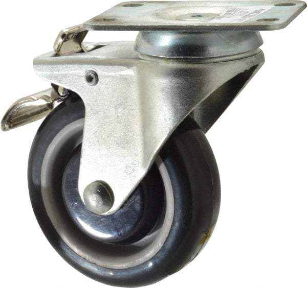 Value Collection - 4" Diam x 1-1/4" Wide x 5-13/32" OAH Top Plate Mount Swivel Caster with Brake - Polyurethane, 235 Lb Capacity, Ball Bearing, 2-7/8 x 3-5/8" Plate - Exact Tool & Supply