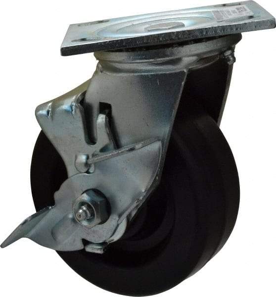 Value Collection - 5" Diam x 2" Wide x 6-1/2" OAH Top Plate Mount Swivel Caster with Brake - Phenolic, 1,000 Lb Capacity, Roller Bearing, 4 x 4-1/2" Plate - Exact Tool & Supply