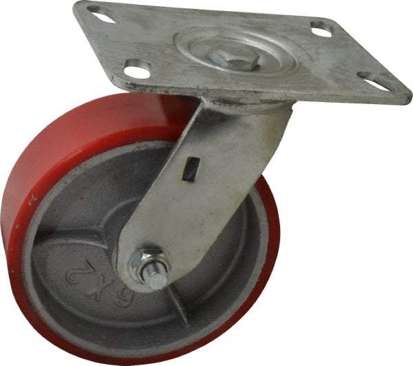 Fairbanks - 6" Diam x 2" Wide x 7-1/2" OAH Top Plate Mount Swivel Caster - Polyurethane, 1,000 Lb Capacity, Roller Bearing, 4-1/2 x 6-1/4" Plate - Exact Tool & Supply