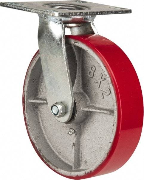 Fairbanks - 8" Diam x 2" Wide x 9-1/4" OAH Top Plate Mount Swivel Caster - Polyurethane, 1,200 Lb Capacity, Roller Bearing, 4-1/2 x 6-1/4" Plate - Exact Tool & Supply