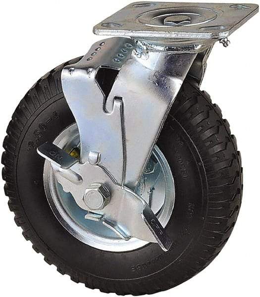 Value Collection - 8" Diam x 2" Wide, Pneumatic Swivel with Brake Caster - 300 Lb Capacity, Top Plate Mount, 4" x 4-1/2" Plate, Sealed Ball Bearing - Exact Tool & Supply