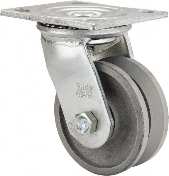 Value Collection - 4" Diam x 1-1/2" Wide, Metal With Groove Swivel Caster - 600 Lb Capacity, Top Plate Mount, 4" x 4-1/2" Plate, Roller Bearing - Exact Tool & Supply
