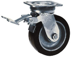 Albion - 6" Diam x 2" Wide x 7-1/2" OAH Top Plate Mount Swivel Caster with Brake - Polyurethane, 900 Lb Capacity, Roller Bearing, 4 x 4-1/2" Plate - Exact Tool & Supply