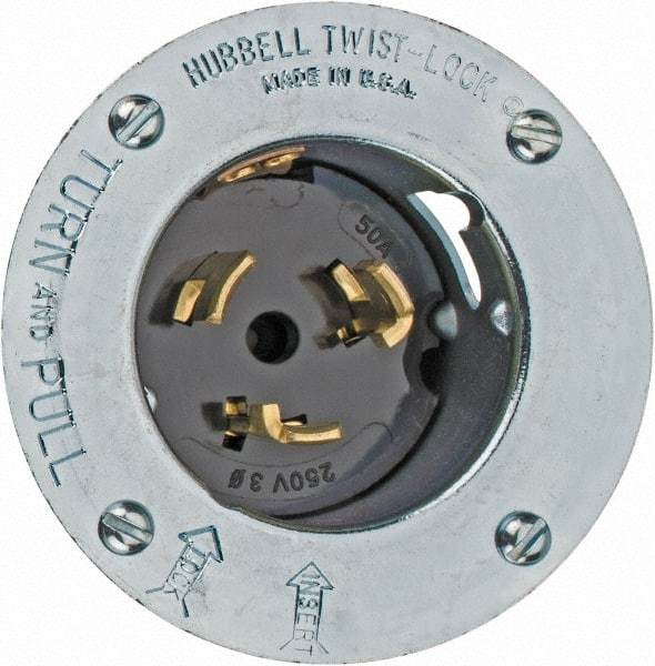 Hubbell Wiring Device-Kellems - 250 VAC, 50 Amp, Self Grounding Inlet - 3 Poles, 4 Wire, Male End, Metallic - Exact Tool & Supply