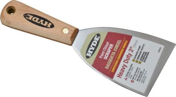 Hyde Tools - Stiff Carbon Steel Chisel Scraper - 3" Blade Width, 8-1/4" Long Hardwood Handle - Exact Tool & Supply