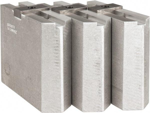 Abbott Workholding Products - Tongue & Groove Attachment, Square Soft Lathe Chuck Jaw - 3 Jaws, Aluminum, 2-1/8" Btw Mount Hole Ctrs, 4-1/2" Long x 1-1/2" Wide x 4" High, 1/2" Groove, 1/2" Fastener - Exact Tool & Supply