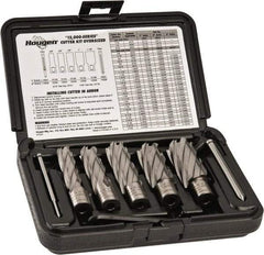 Hougen - 8 Piece, 5/8 to 1-1/8" Cutter Diam, 2" Cutting Depth, High Speed Steel Annular Cutter Set - Bright Finish, 3/4" Shank Diam, 5/8, 3/4, 7/8, 1, 1-1/8" Cutter Diams, 2 Flats on Shank - Exact Tool & Supply