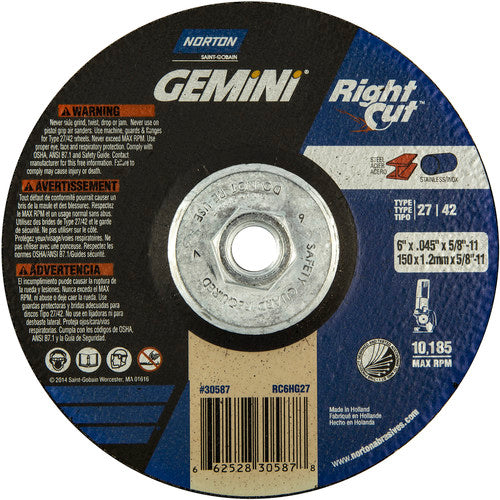 ‎6 x .045 × 5/8 - 11″ Gemini RightCut Cutting Wheel A 24 Q Type 27/42 - Exact Tool & Supply