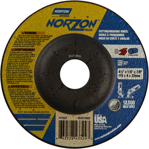 ‎4-1/2″ × 1/8″ × 7/8″ NorZon Plus Non-Woven Depressed Center Wheel Type 27 - Exact Tool & Supply