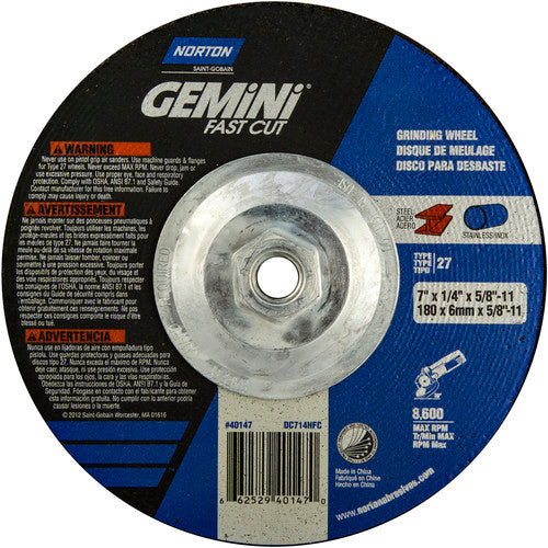 ‎7 × 1/4 × 5/8 - 11″ Gemini Fast Cut Grinding Wheel A 24 N Type 27 - Exact Tool & Supply