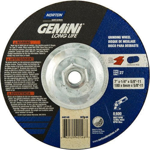 ‎7 × 1/4 × 5/8 - 11″ Gemini Long Life Grinding Wheel A 24 S Type 27 - Exact Tool & Supply