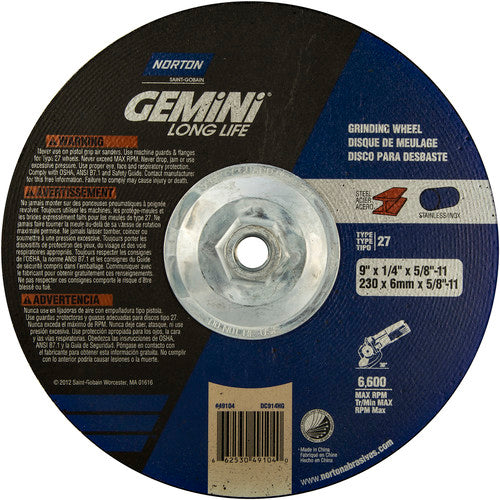 ‎9 × 1/4 × 5/8 - 11″ Gemini Long Life Grinding Wheel A 24 R Type 27 - Exact Tool & Supply
