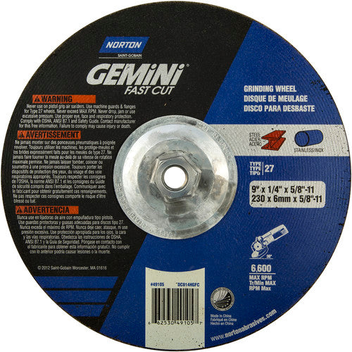‎9 × 1/4 × 5/8 - 11″ Gemini Fast Cut Grinding Wheel A 24 N Type 27 - Exact Tool & Supply