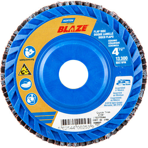 ‎4-1/2 × 7/8″ Blaze Plastic Flat Flap Disc Type 27 40 Grit R980P Premium Ceramic Alumina - Exact Tool & Supply