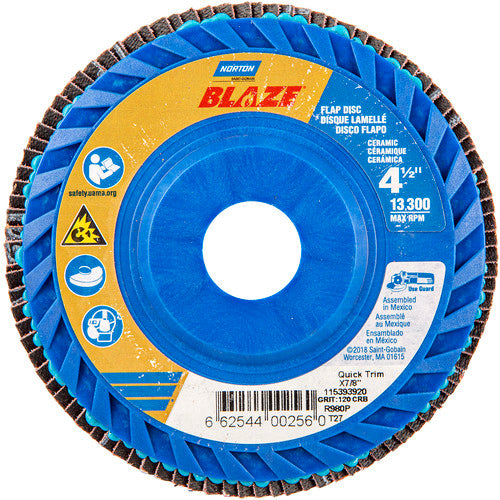 ‎4-1/2 × 7/8″ Blaze Plastic Flat Flap Disc Type 27 120 Grit R980P Premium Ceramic Alumina - Exact Tool & Supply