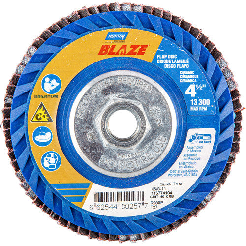 ‎4-1/2 × 5/8 - 11″ Blaze Plastic Flat Flap Disc Type 27 40 Grit R980P Premium Ceramic Alumina - Exact Tool & Supply