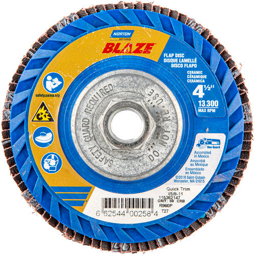 ‎4-1/2 × 5/8 - 11″ Blaze Plastic Flat Flap Disc Type 27 60 Grit R980P Premium Ceramic Alumina - Exact Tool & Supply