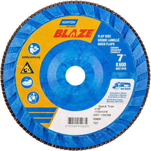 7 × 7/8″ Blaze Plastic Flat Flap Disc Type 27 120 Grit R980P Premium Ceramic Alumina - Exact Tool & Supply