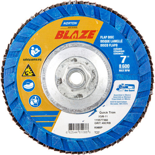 ‎7 × 5/8 - 11″ Blaze Plastic Flat Flap Disc Type 27 40 Grit R980P Premium Ceramic Alumina - Exact Tool & Supply