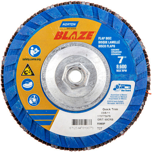 ‎7 × 5/8 - 11″ Blaze Plastic Flat Flap Disc Type 27 60 Grit R980P Premium Ceramic Alumina - Exact Tool & Supply