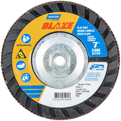‎7 × 5/8 - 11″ Blaze Plastic Flat Flap Disc Type 27 120 Grit R980P Premium Ceramic Alumina - Exact Tool & Supply