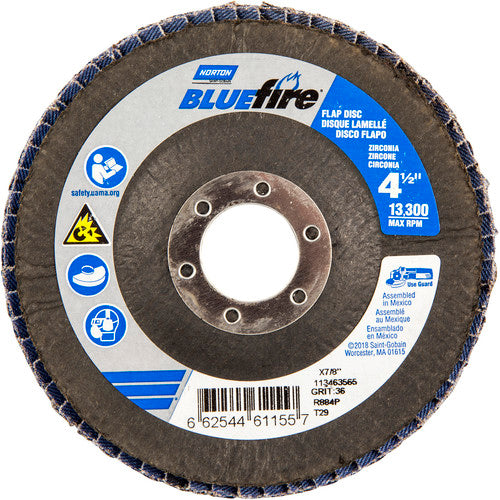 ‎4-1/2 × 7/8″ BlueFire Fiberglass Conical Flap Disc Type 29 P36 Grit R884P Zirconia Alumina - Exact Tool & Supply
