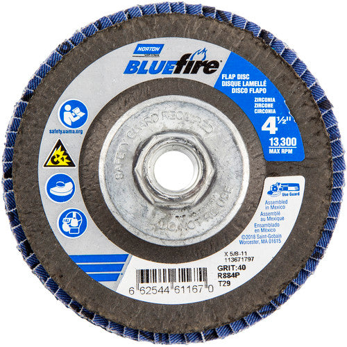 ‎4-1/2 × 5/8 - 11″ BlueFire Fiberglass Conical Flap Disc Type 29 P40 Grit R884P Zirconia Alumina - Exact Tool & Supply
