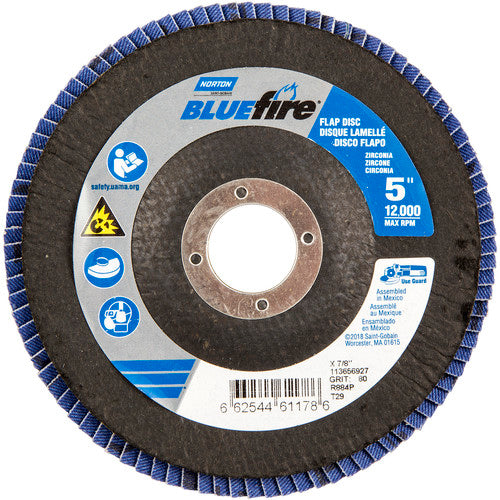 5 × 7/8″ BlueFire Fiberglass Conical Flap Disc Type 29 P80 Grit R884P Zirconia Alumina - Exact Tool & Supply