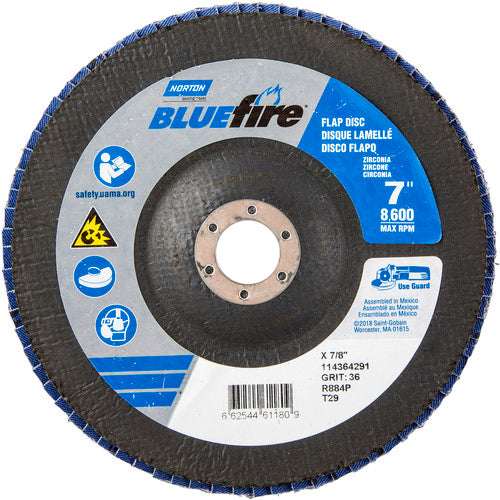 7″ × 1/4″ × 7/8″ NorZon BlueFire R884 Flap Disc Type 29 Conical 36 Grit - Exact Tool & Supply