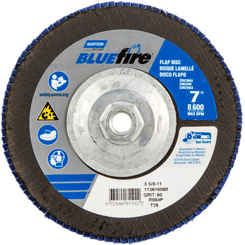 ‎7 × 5/8 - 11″ BlueFire Fiberglass Conical Flap Disc Type 29 P60 Grit R884P Zirconia Alumina - Exact Tool & Supply
