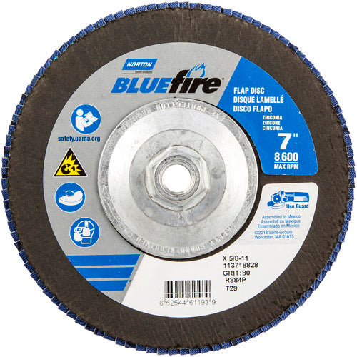 7″ × 1/4″ × 5/8″ NorZon BlueFire R884 Flap Disc Type 29 Conical 80 Grit - Exact Tool & Supply